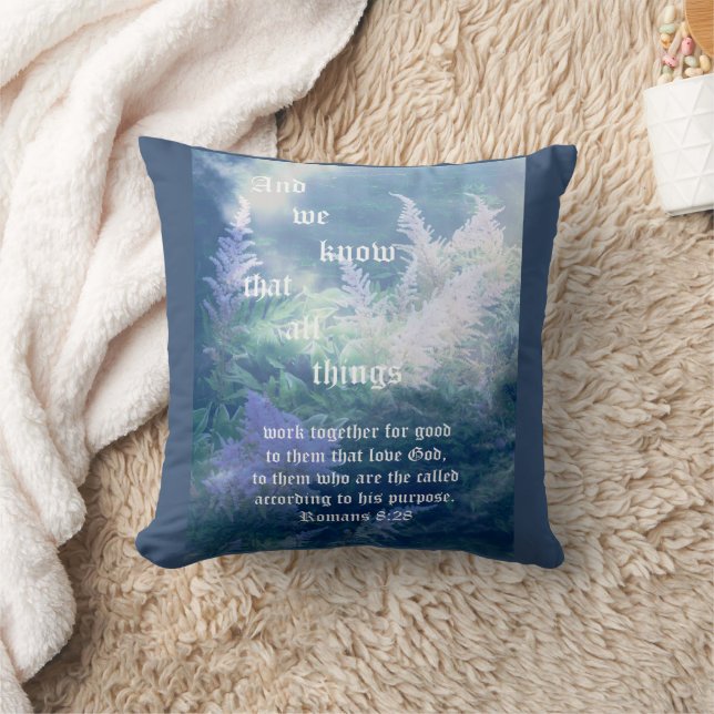 Astilbe Blue Mist Romans 8:28 Cushion (Blanket)