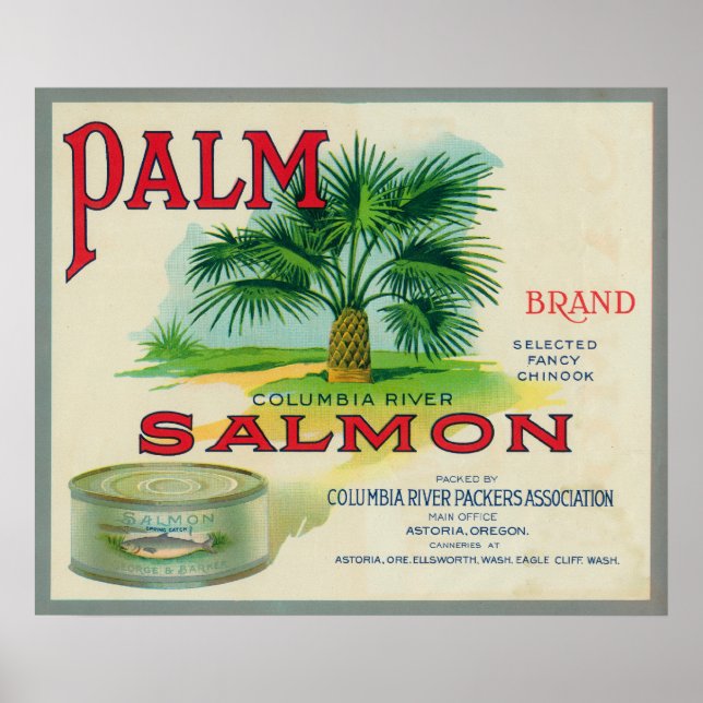 Astoria, Oregon - Palm Salmon Case Label Poster (Front)