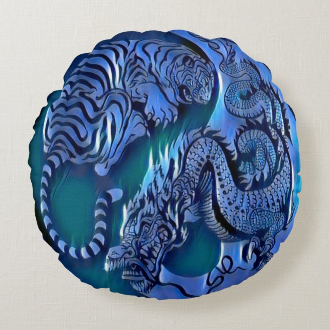 Astral Chi Dragon Tiger Spirit Yin Yang Round Cushion (Front)