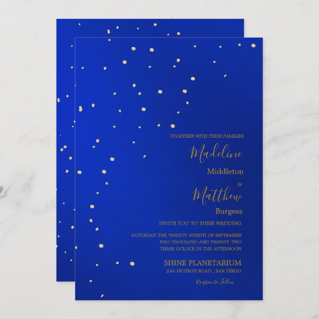 Astral Gold  Stars Blue Evening Wedding Invitation (Front/Back)