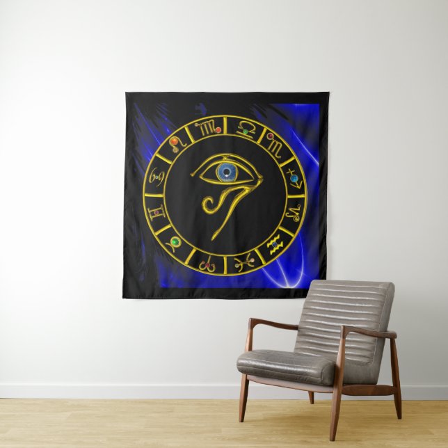 ASTRAL HORUS EYE ,BLUE TALISMAN GOLD ZODIAC CHART TAPESTRY (In Situ (Horizontal))