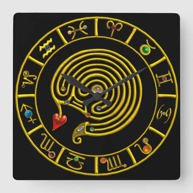 ASTRAL LABYRINTH GOLD ZODIAC CHART Astrology Square Wall Clock (Front)