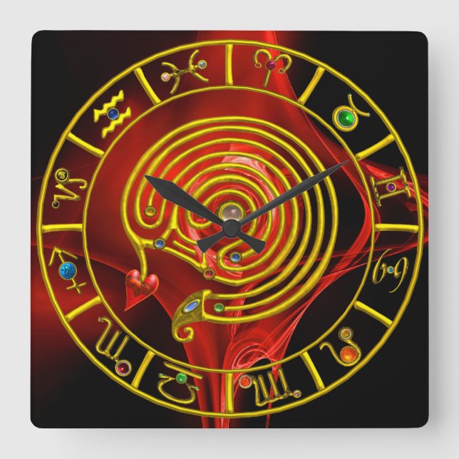 ASTRAL LABYRINTH GOLD ZODIAC CHART Astrology Square Wall Clock (Front)