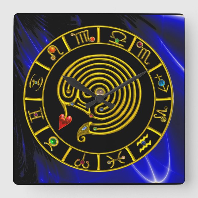 ASTRAL LABYRINTH GOLD ZODIAC CHART Astrology Square Wall Clock (Front)
