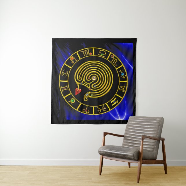ASTRAL LABYRINTH GOLD ZODIAC CHART Astrology Tapestry (In Situ (Horizontal))