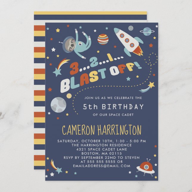 Astro Sloth - Space Kids Birthday Party Invitation (Front/Back)