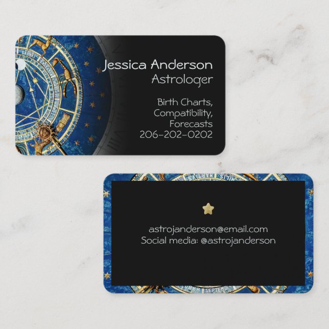 Astrologer Celestial Blue Rustic Gold Zodiac Wheel Business Card (Front/Back)