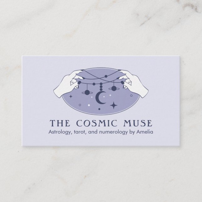 Astrologer Cosmic Moon and Planets with Hands Business Card (Front)