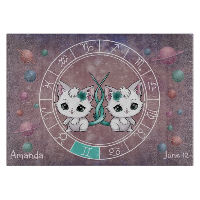 Astrological gemini Cute cat Zodiac Wheel Planet Cutting Board (Front)