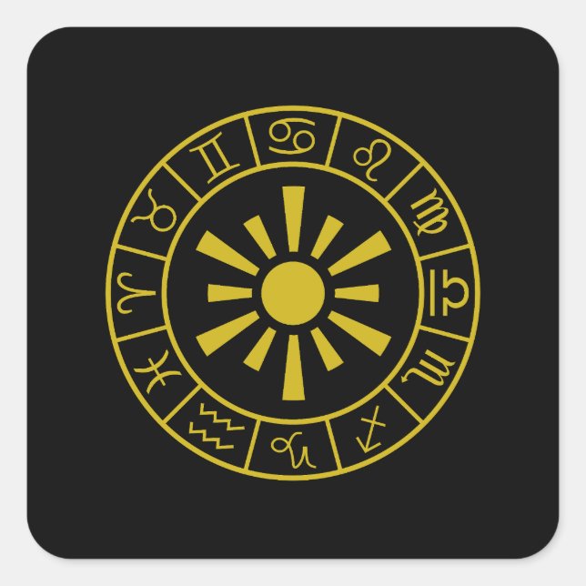 Astrological Zodiac Symbols Wheel+Sun Gold Square Sticker (Front)