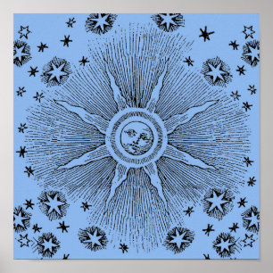 Astrology Sun Face Smiling Illustration Mediaeval Poster