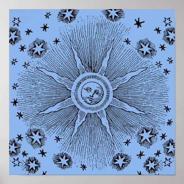 Astrology Sun Face Smiling Illustration Mediaeval Poster (Front)