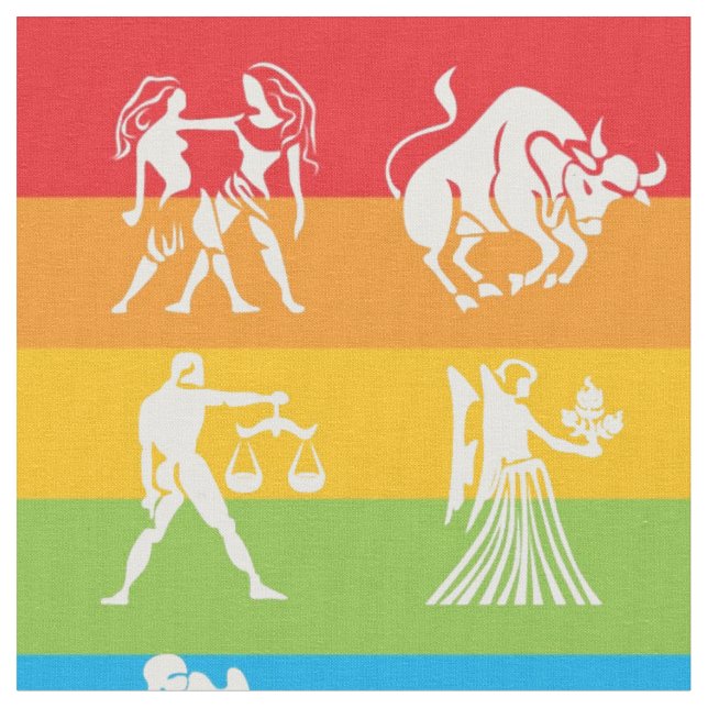 Astrology Zodiac Rainbow Print Pattern Fabric (Close Up)