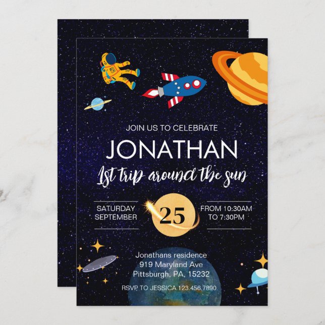 Astronaut 1st birthday space party invitation (Front/Back)