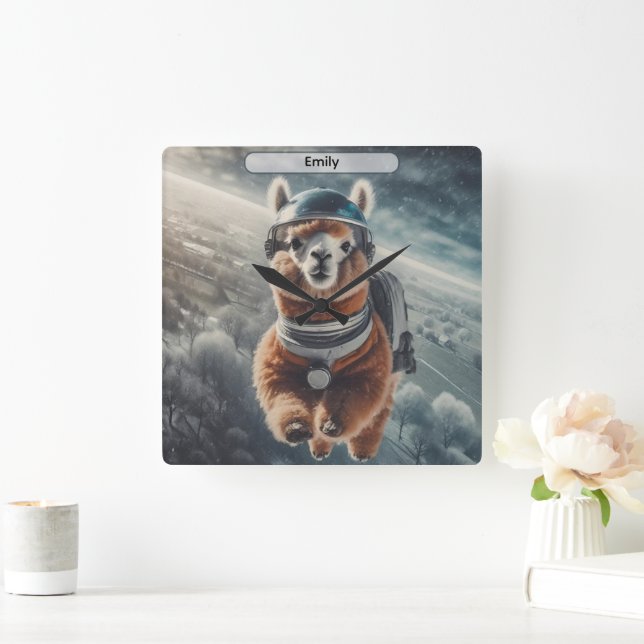 Astronaut Alpaca in Space Surreal Animal  Square Wall Clock (Home)