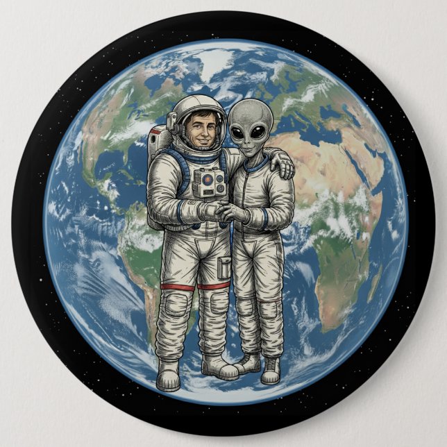 Astronaut and Alien 6 Cm Round Badge (Front)