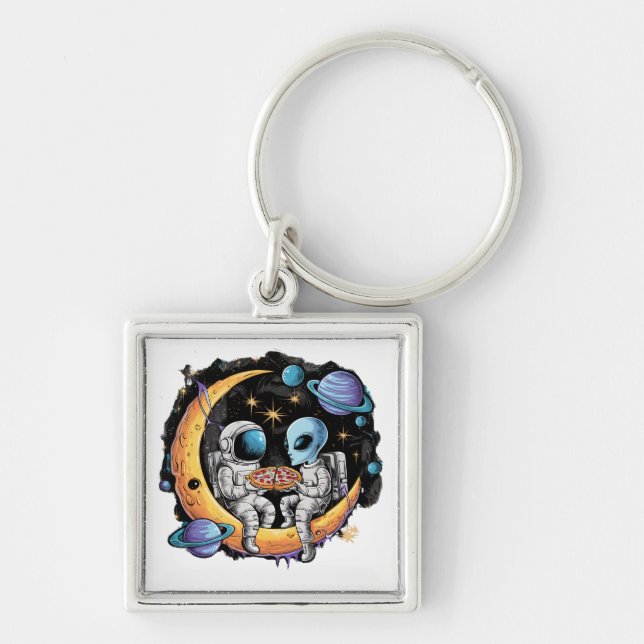Astronaut and Alien Enjoy a Slice Key Ring (Front)