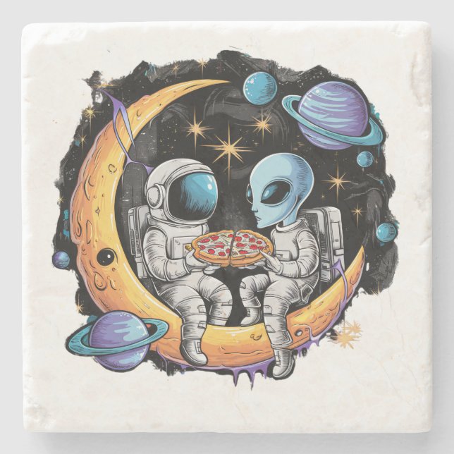 Astronaut and Alien Enjoy a Slice Stone Coaster (Front)