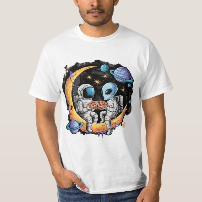 Astronaut and Alien Enjoy a Slice T-Shirt (Front)