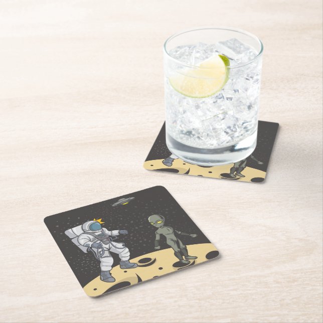 Astronaut and alien   square paper coaster (Insitu)