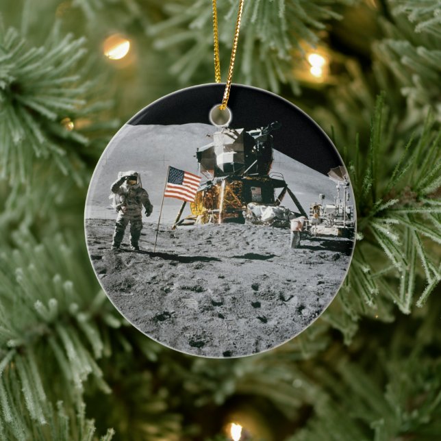 Astronaut and American Flag Apollo Moon Mission Ceramic Ornament (Tree)