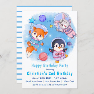 Astronaut Animals  2nd Birthday Invitations 