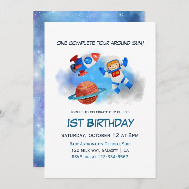 Astronaut Baby Boy 1st Birthday Invitation (Front/Back)