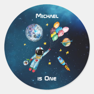 Astronaut Balloons galaxy Rocket Space Name 1st Classic Round Sticker