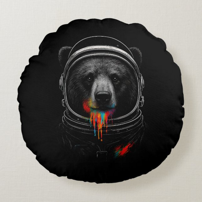 Astronaut Bear with Neon Paint Drips Cosmic Animal Round Cushion (Front)