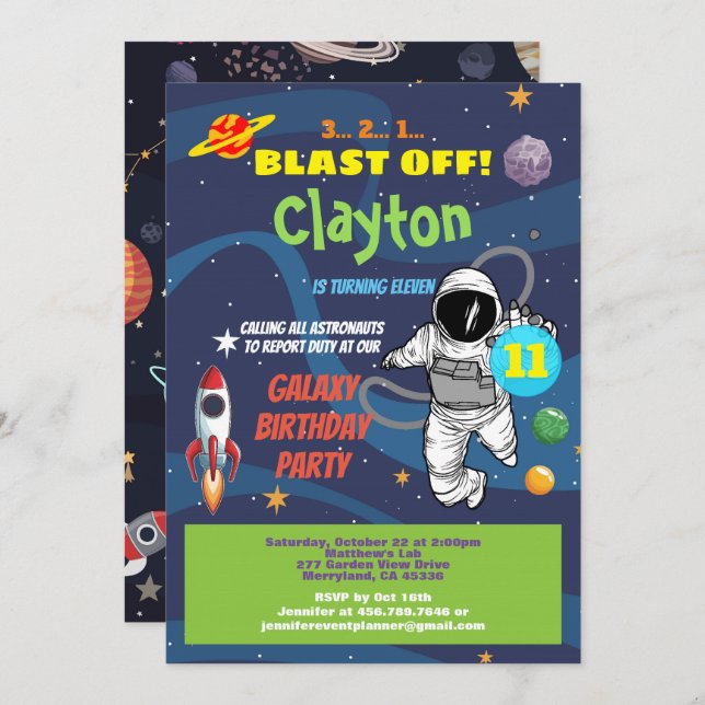Astronaut birthday party galaxy kid invitation (Front/Back)