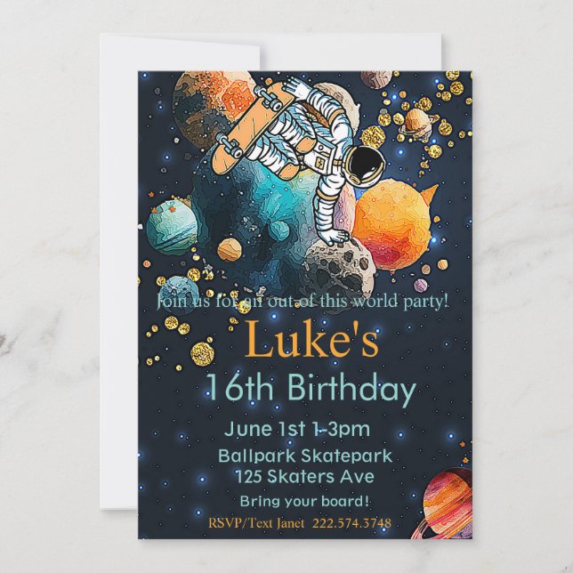 Astronaut Birthday, Skateboard Birthday, Space  Invitation (Front)