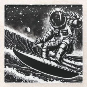 ASTRONAUT BLACK AND WHITE, SURF THE UNIVERSE GLASS COASTER