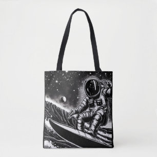 ASTRONAUT BLACK AND WHITE, SURF THE UNIVERSE TOTE BAG