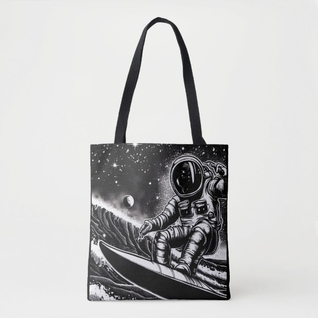 ASTRONAUT BLACK AND WHITE, SURF THE UNIVERSE TOTE BAG (Front)