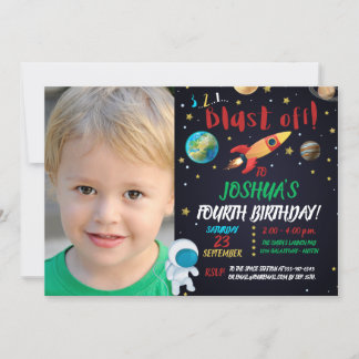 Astronaut Blast Off Birthday Photo Invitation