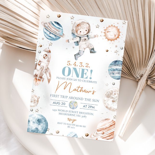Astronaut Blue First Trip Around the Sun Birthday Invitation (Boys First Trip Around the Sun 1sy Birthday Invitation, Astronaut Outer-space Themed Planets Space)