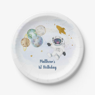 Astronaut Blue Gold Outer Space Birthday Paper Plate
