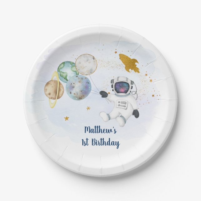 Astronaut Blue Gold Outer Space Birthday Paper Plate (Front)