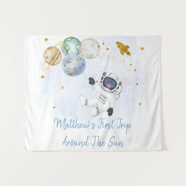 Astronaut Blue Gold Space Birthday Backdrop Tapestry (Front (Horizontal))