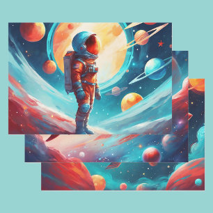 Astronaut Boys Birthday Rocket Spaceship 3 Wrapping Paper Sheet