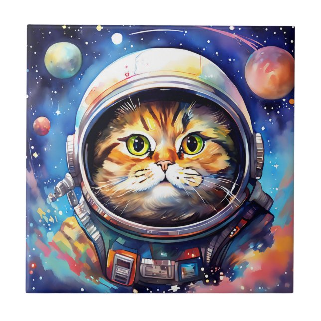 Astronaut Cat Adventures in Watercolor Ceramic Tile (Front)