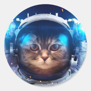 Astronaut cat floats above Earth Classic Round Sticker