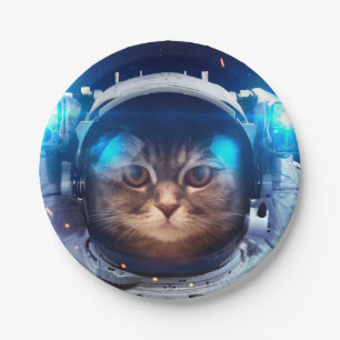 Astronaut cat floats above Earth Paper Plate