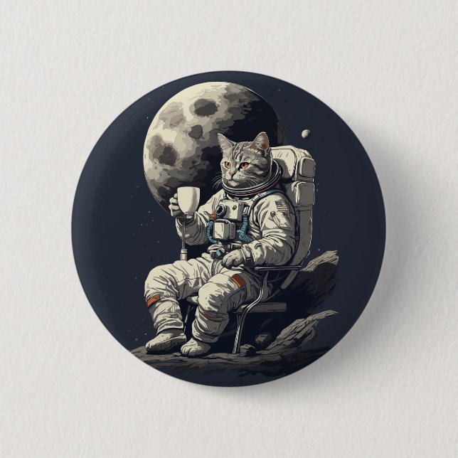 Astronaut Cat Having Cup of Coffee 6 Cm Round Badge (Front)