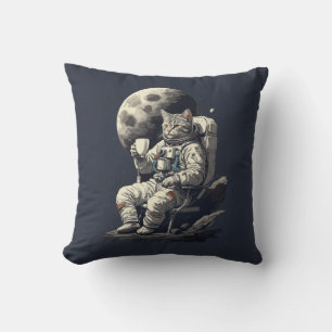 Astronaut Cat Having Cup of Coffee Cushion
