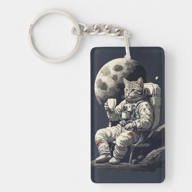Astronaut Cat Having Cup of Coffee Key Ring (Front)
