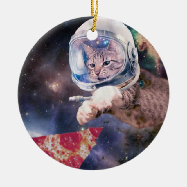 Astronaut cat hunting a pizza slice ceramic ornament (Front)