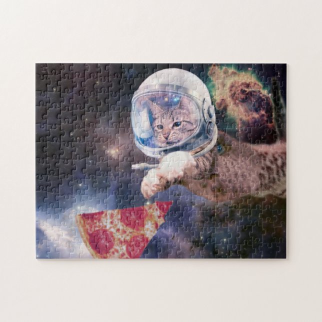 Astronaut cat hunting a pizza slice jigsaw puzzle (Horizontal)