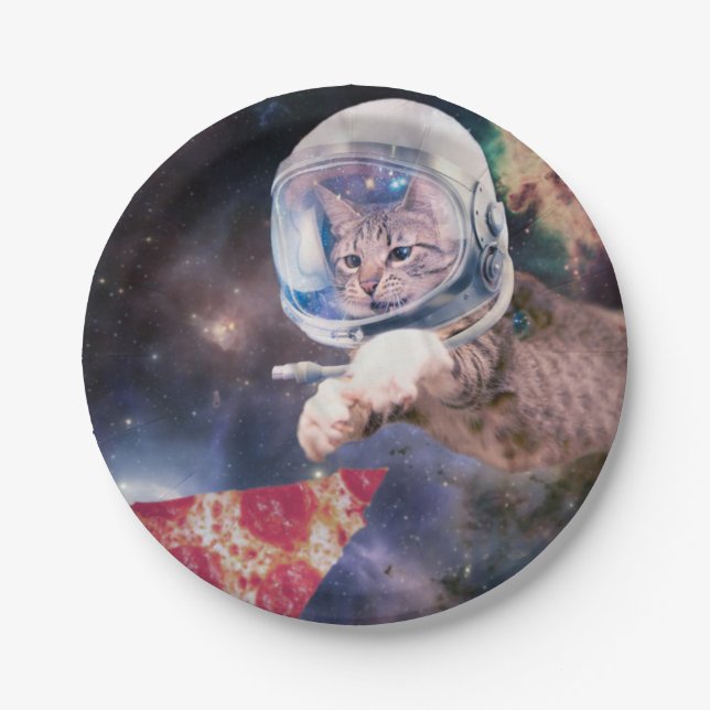 Astronaut cat hunting a pizza slice paper plate (Front)