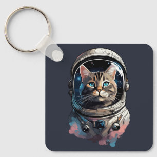 Astronaut Cat In Space Watercolor Art Key Ring